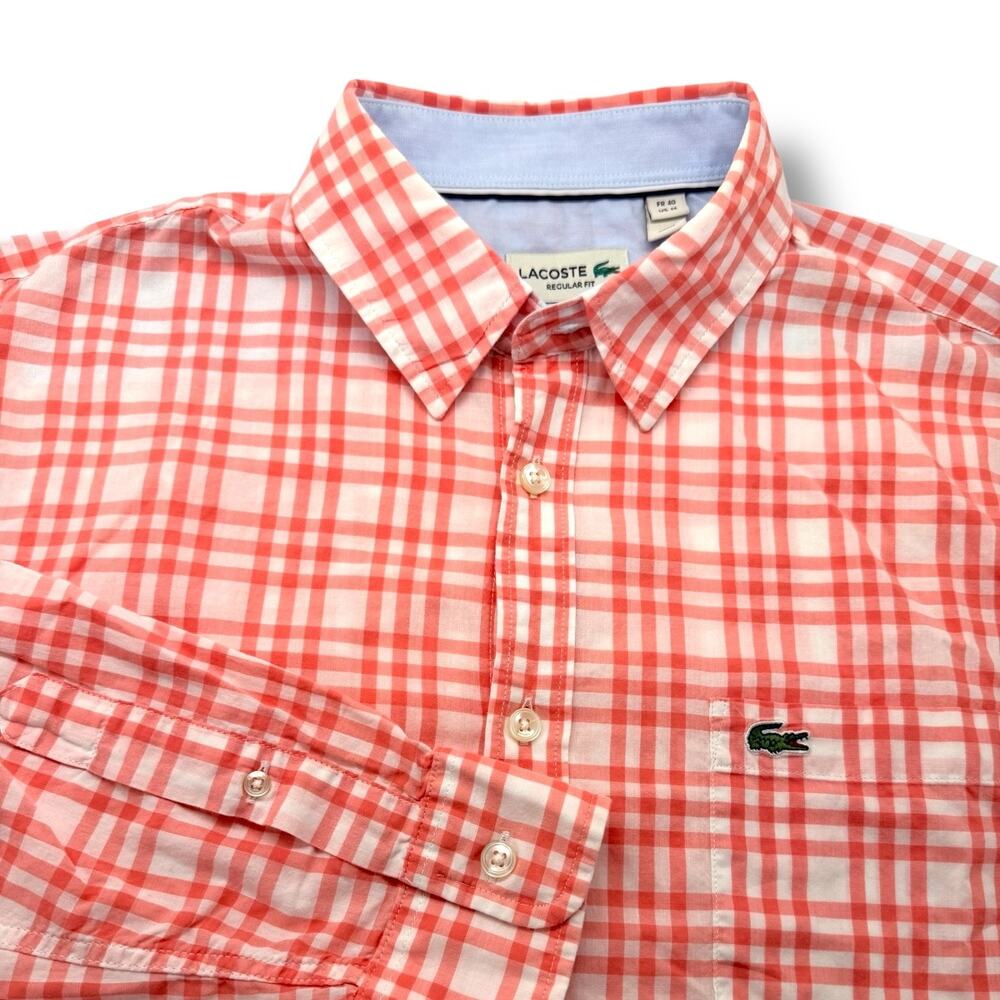 Lacoste Pink White Check Shirt M FR40 Regular Fit Long Sleeve Light ALLIGATOR